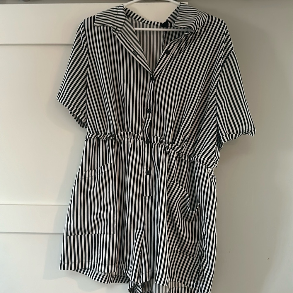 Black and white vertical striped romper